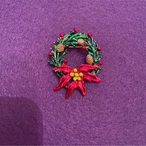 Vintage Mylu Wreath Brooch with Red and Green Accents